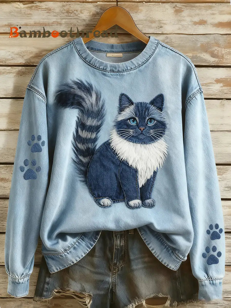 Women’s Retro Denim Patchwork Animal Art Print Casual Comfort Long-Sleeve Sweatshirt A / S