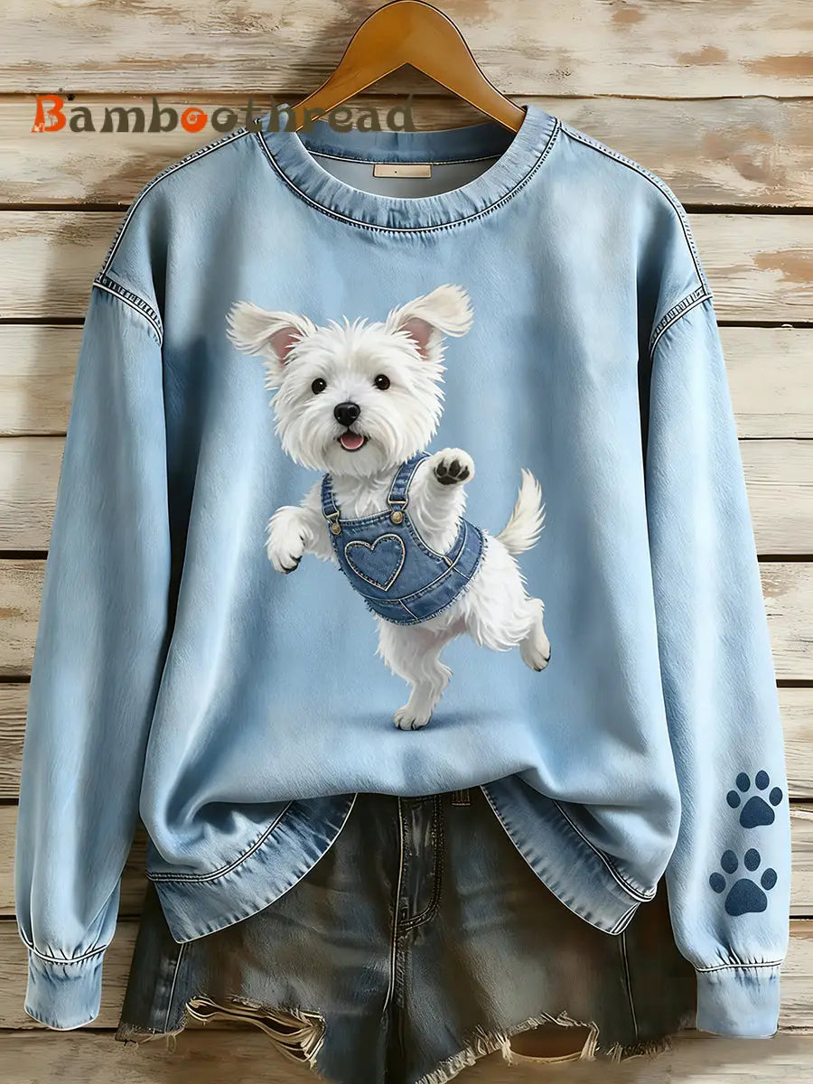 Women’s Retro Denim Patchwork Animal Art Print Casual Comfort Long-Sleeve Sweatshirt A / S