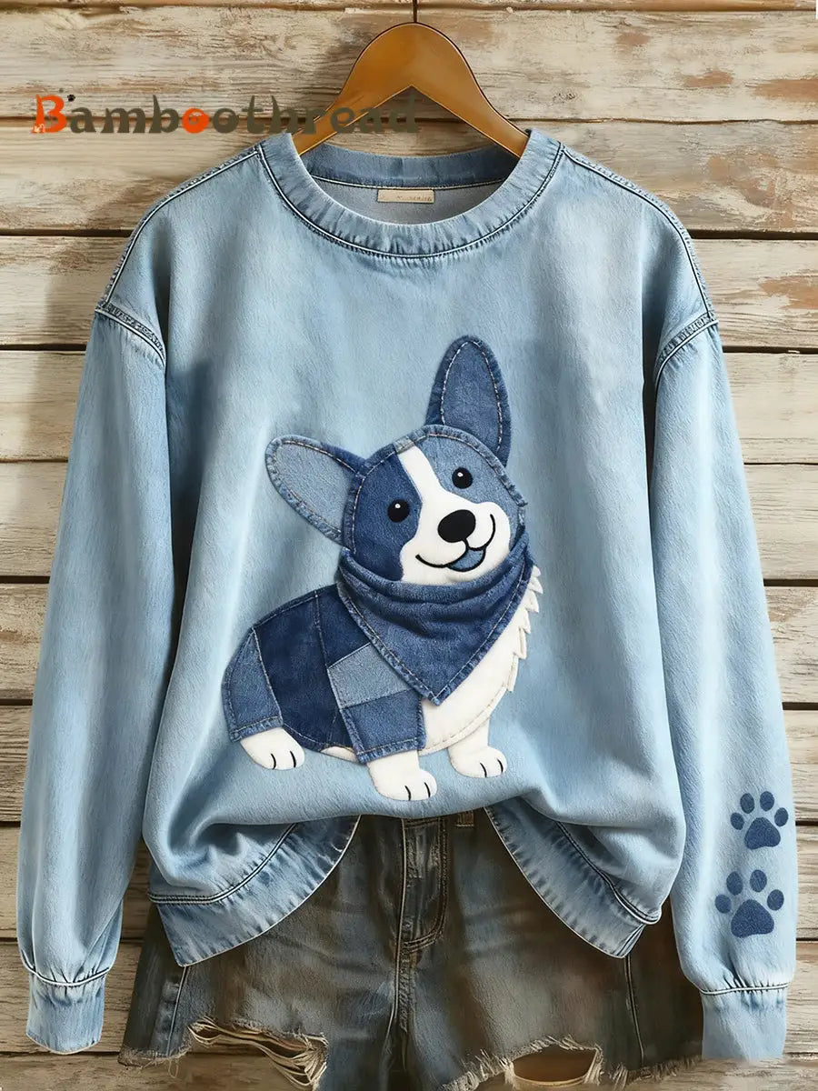 Women’s Retro Denim Patchwork Animal Art Print Casual Comfort Long-Sleeve Sweatshirt A / S