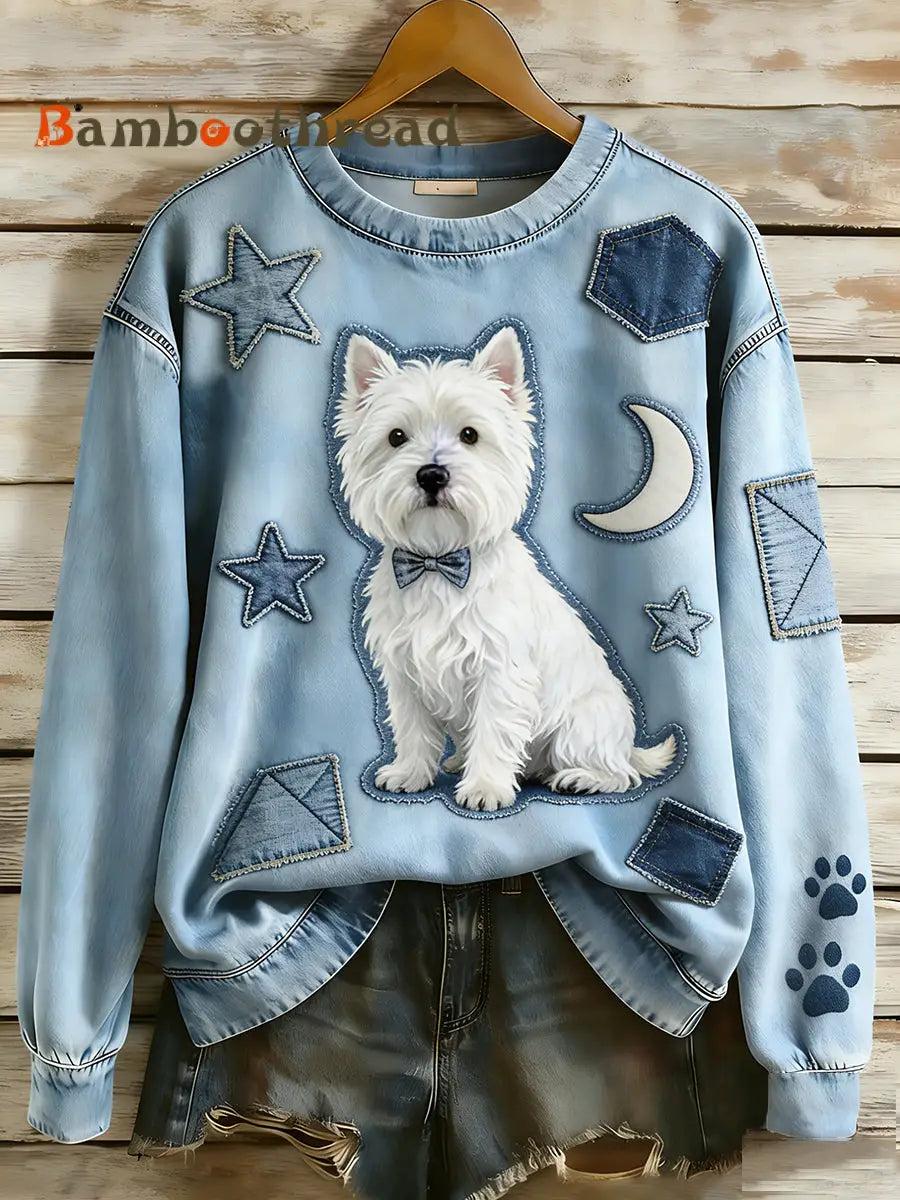 Women’s Retro Denim Patchwork Animal Art Print Casual Comfort Long-Sleeve Sweatshirt A / S