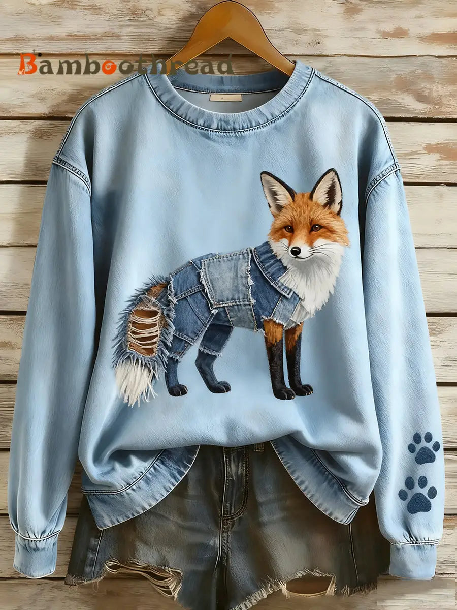 Women’s Retro Denim Patchwork Animal Art Print Casual Comfort Long-Sleeve Sweatshirt A / S