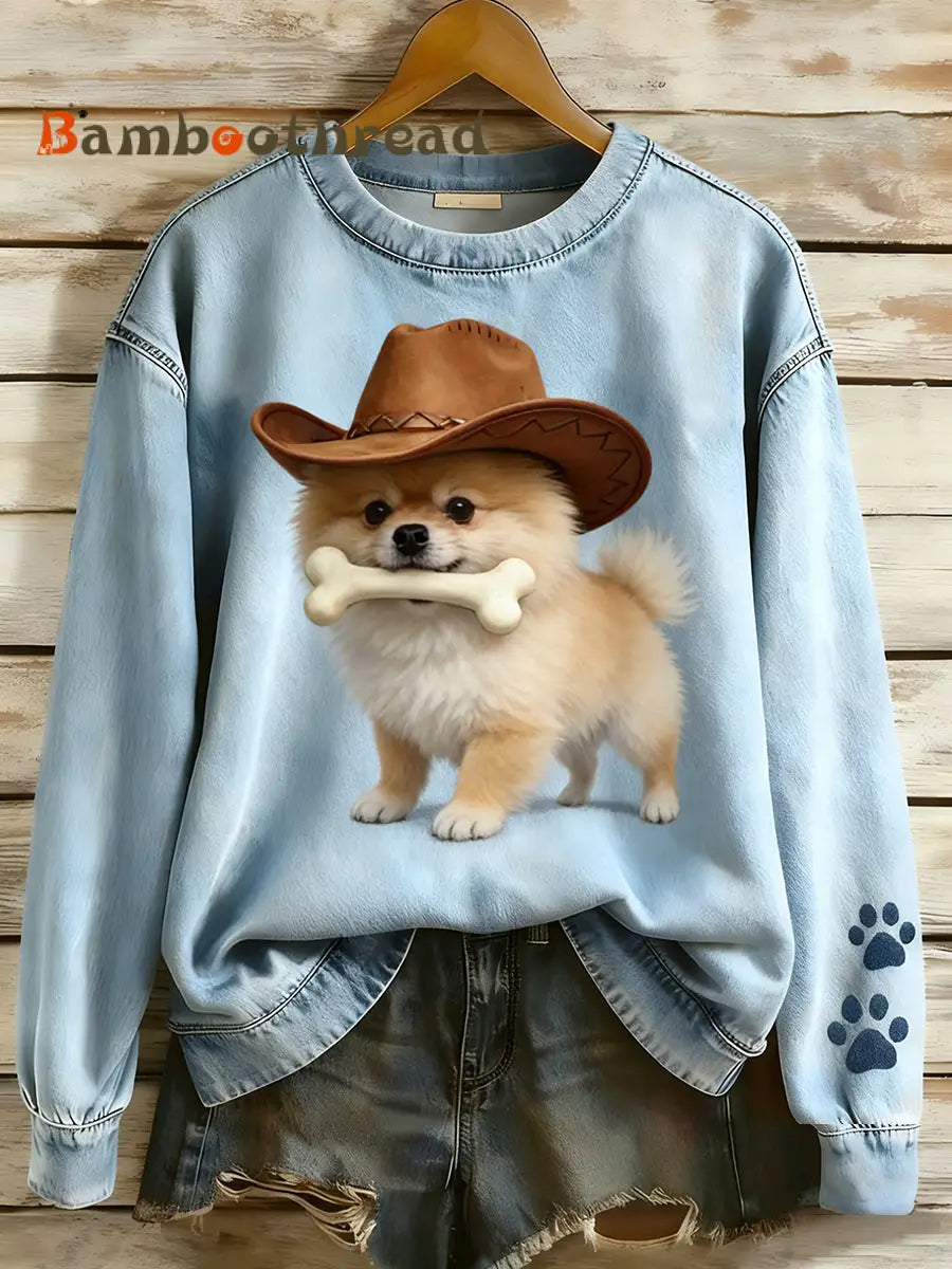 Women’s Retro Denim Patchwork Animal Art Print Casual Comfort Long-Sleeve Sweatshirt A / S