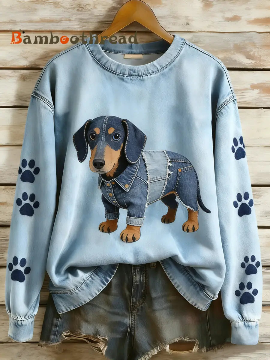 Women’s Retro Denim Patchwork Animal Art Print Casual Comfort Long-Sleeve Sweatshirt A / S