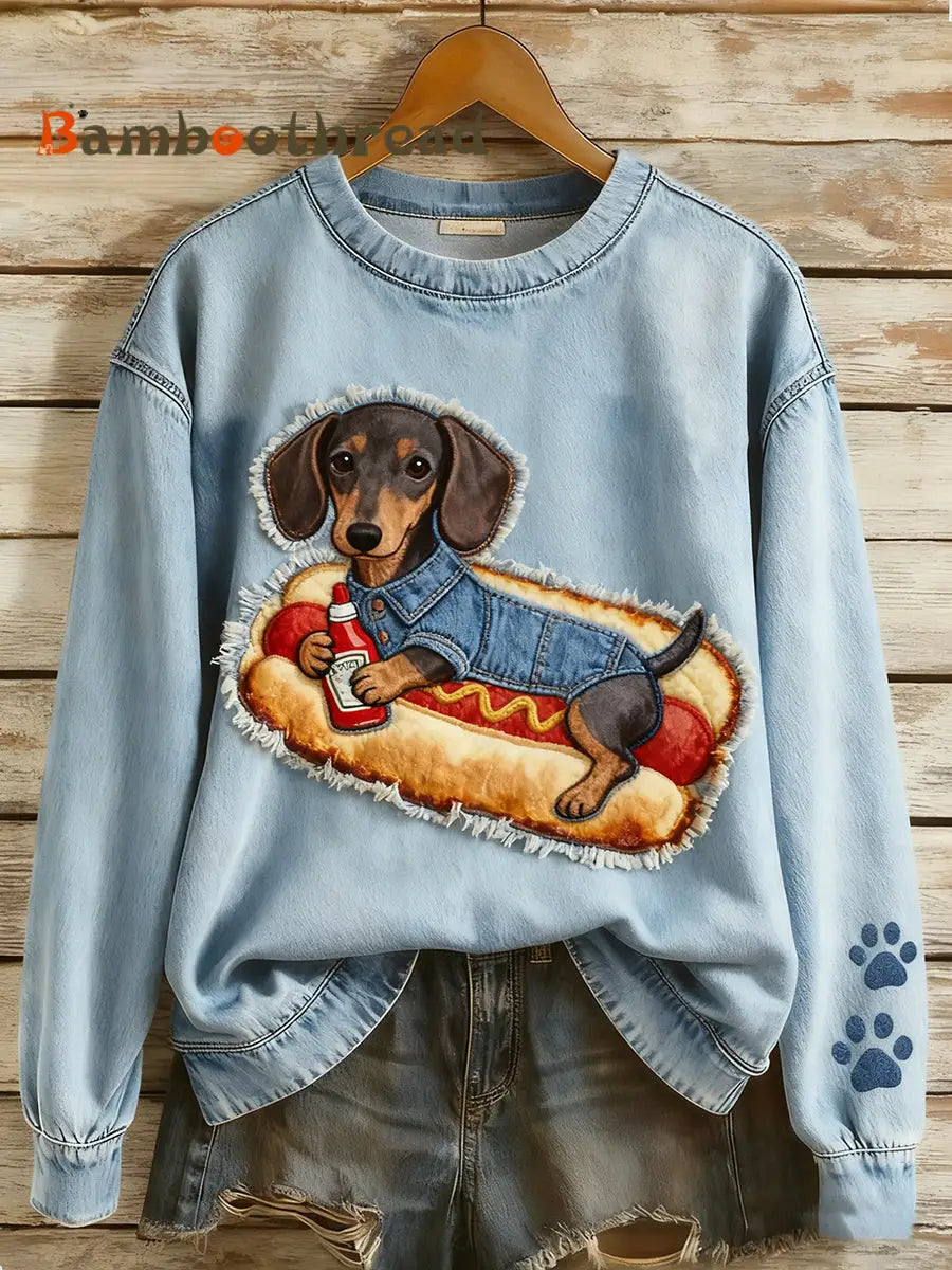 Women’s Retro Denim Patchwork Animal Art Print Casual Comfort Long-Sleeve Sweatshirt A / S