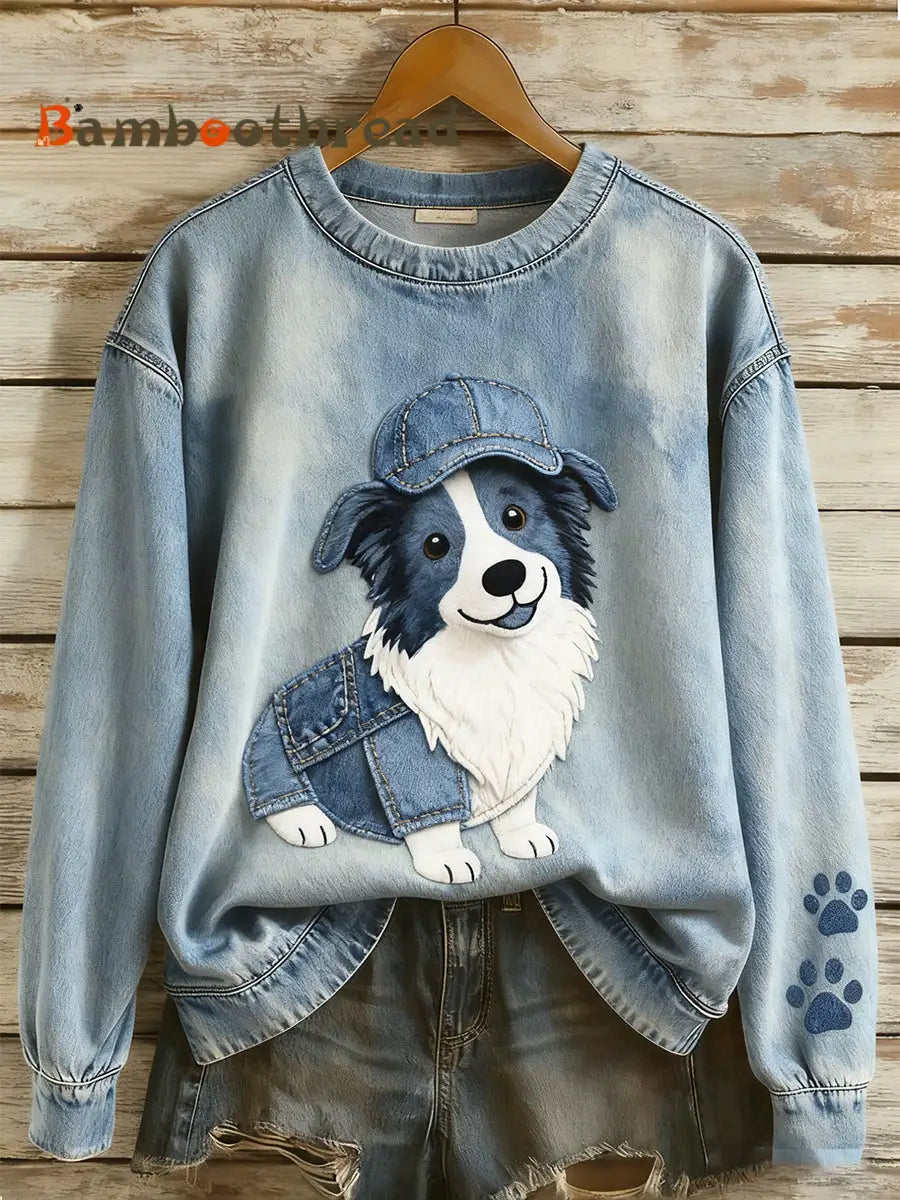 Women’s Retro Denim Patchwork Animal Art Print Casual Comfort Long-Sleeve Sweatshirt A / S