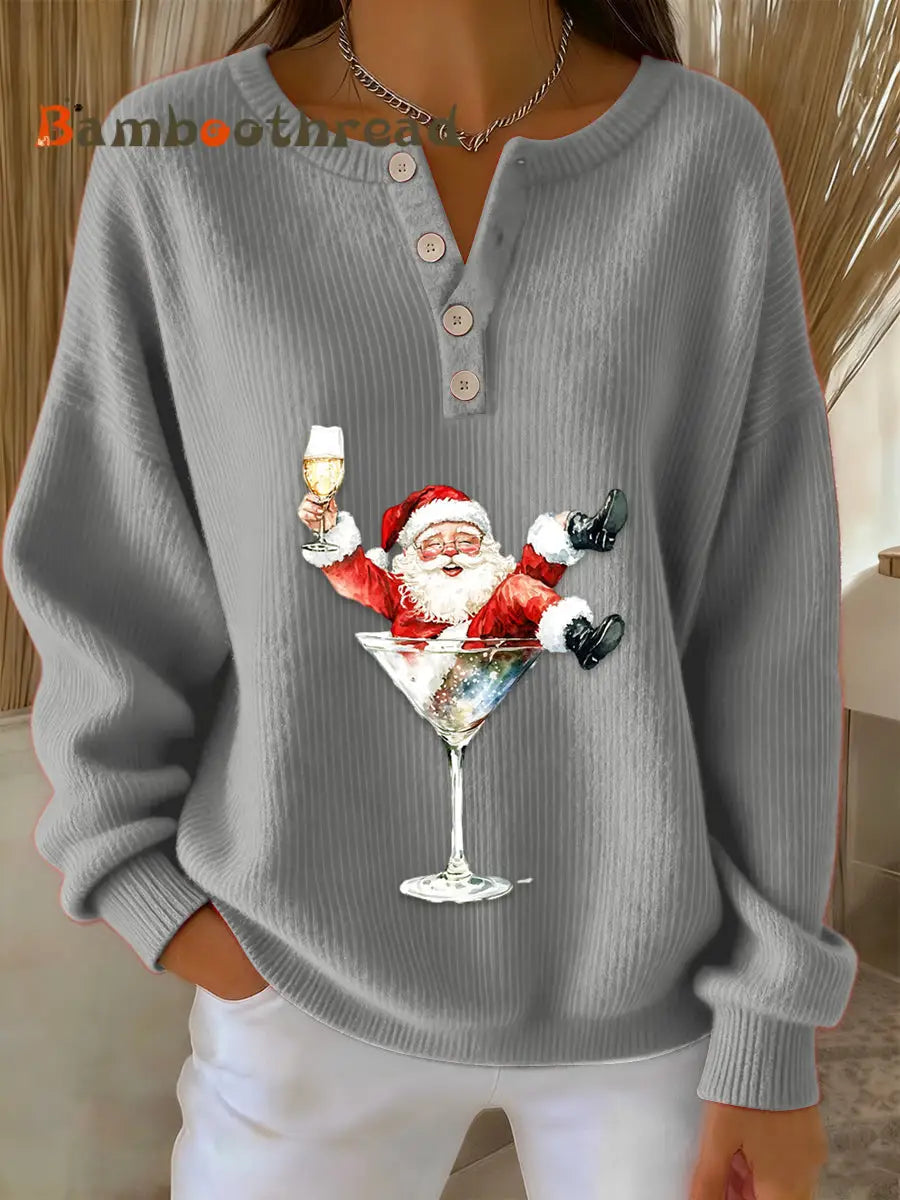 Women’s Retro Faith The Santa Claus Cocktail Print Long-sleeve Sweater Gray / S