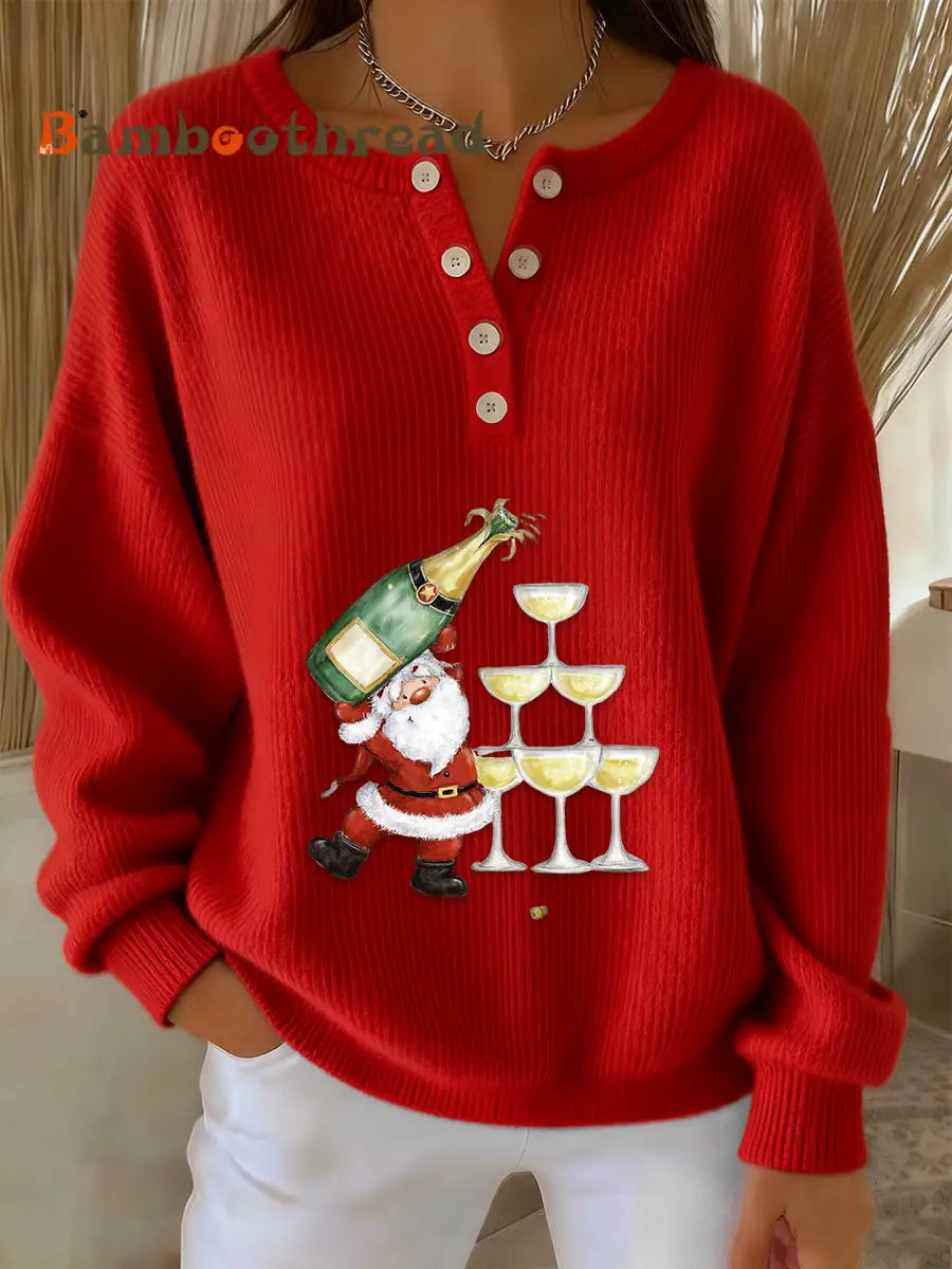 Women’s Retro Faith The Santa Claus Cocktail Print Long-sleeve Sweater Red / S