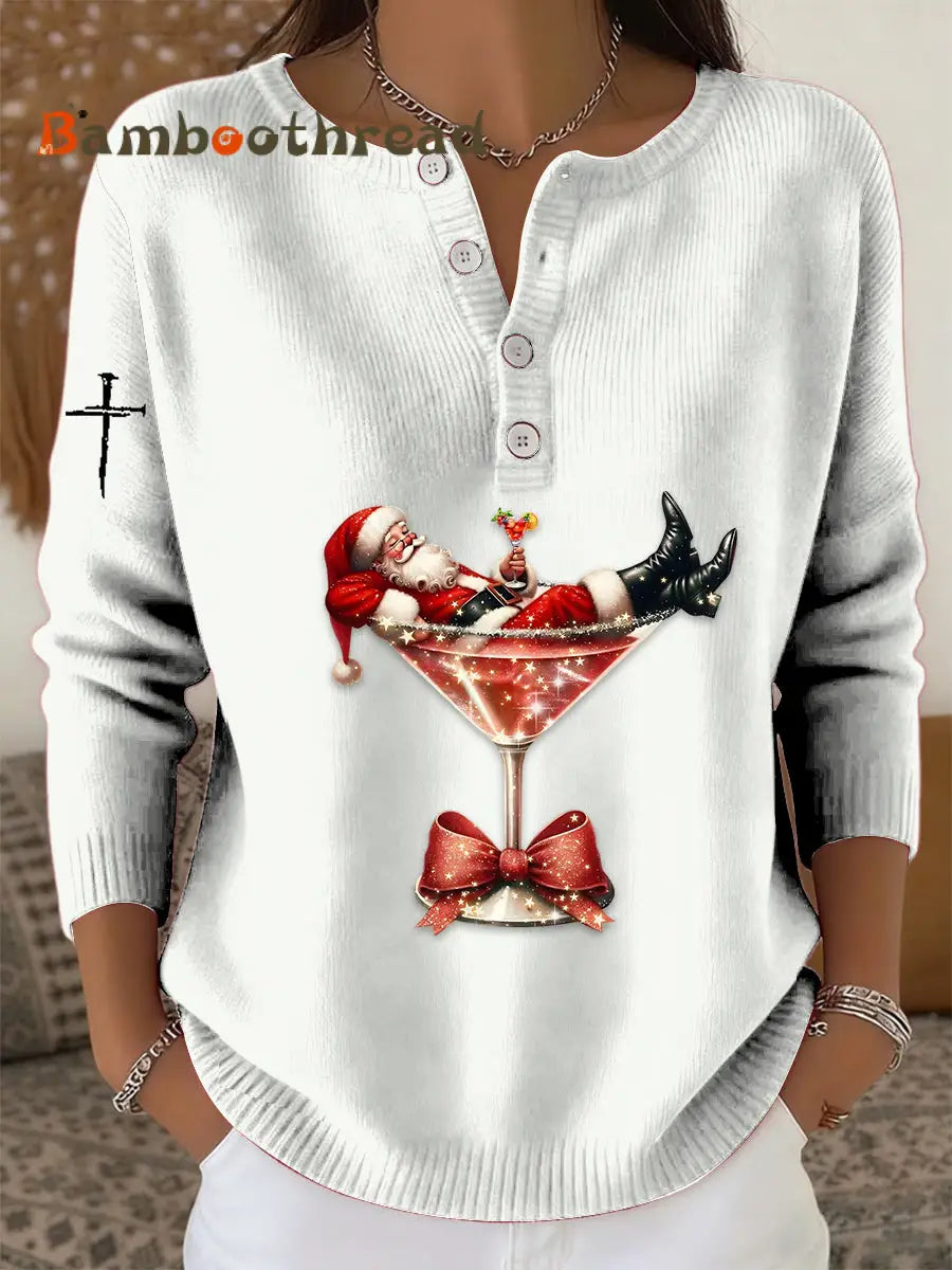 Women’s Retro Faith The Santa Claus Cocktail Print Long-sleeve Sweater White / S