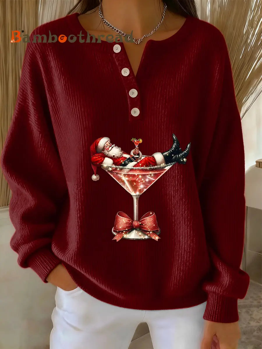 Women’s Retro Faith The Santa Claus Cocktail Print Long-sleeve Sweater Wine Red / S