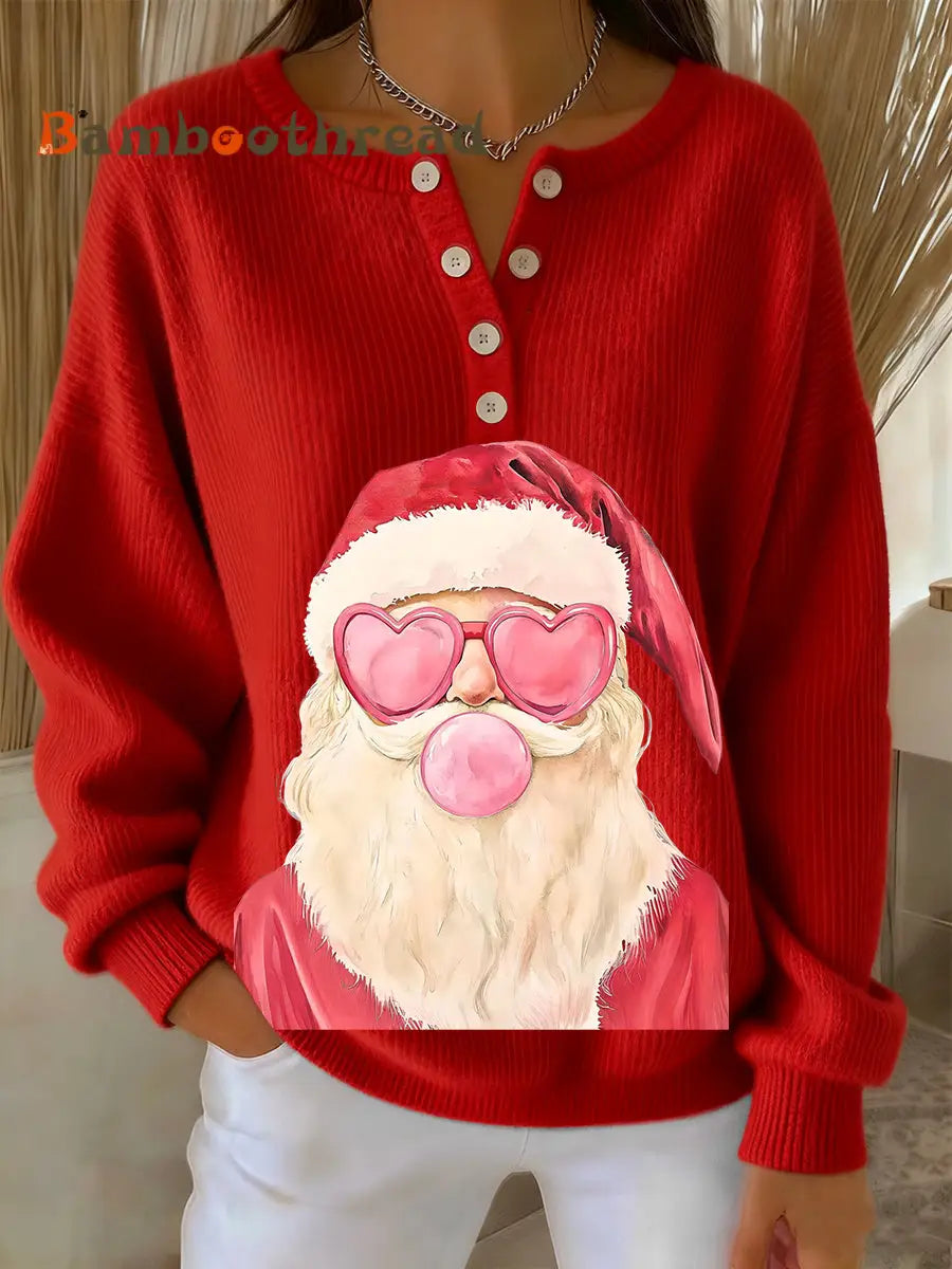 Women’s Retro Fun Christmas Santa Blowing Bubbles Print Long-sleeve Sweater Red / S