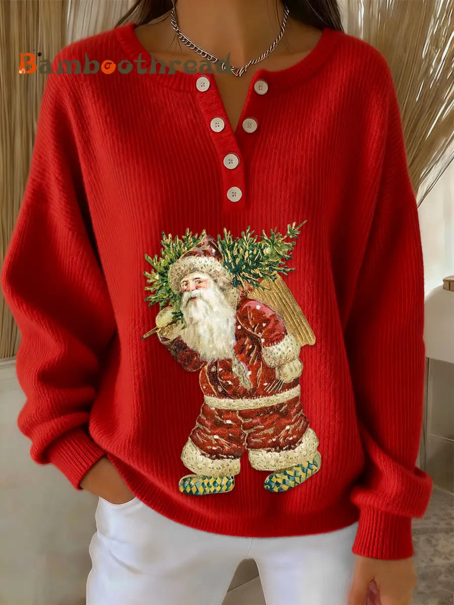 Women’s Retro Fun Christmas Santa Print Long-sleeve Sweater Red / S