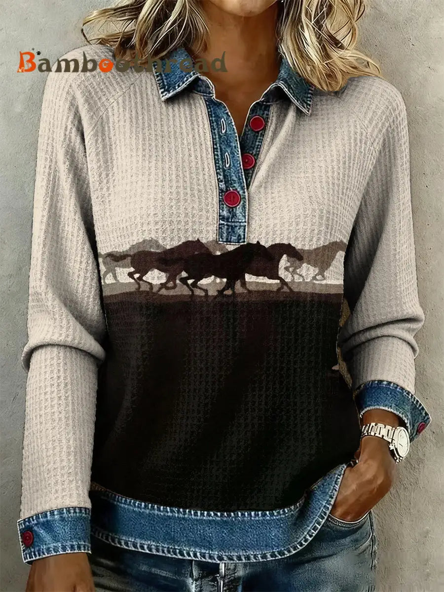 Women’s Retro Horse Art Print Denim Patchwork Top As picture / S