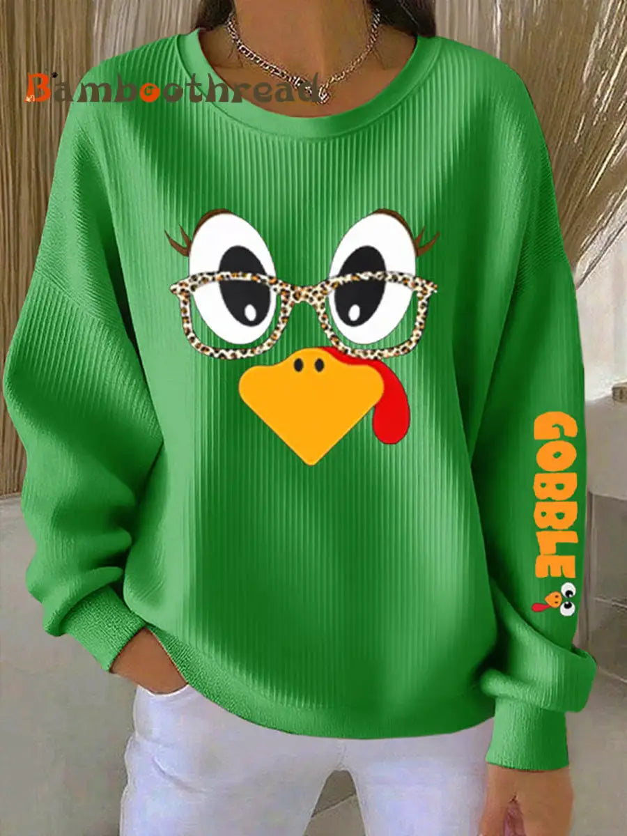 Women’s Retro Thanksgiving GOBBLE Print Round Neck Sweatshirt Green / S