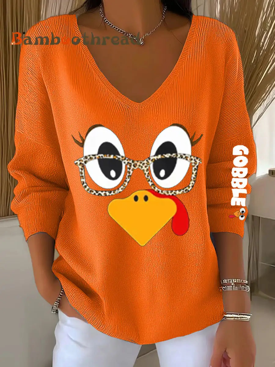 Women’s Retro Thanksgiving GOBBLE Print V-Neck Ribbed Top Orange / S