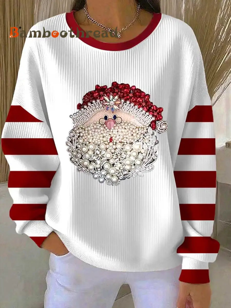 Women’s Santa Claus Printed Ribbed Round-Neck Sweatshirt White / S