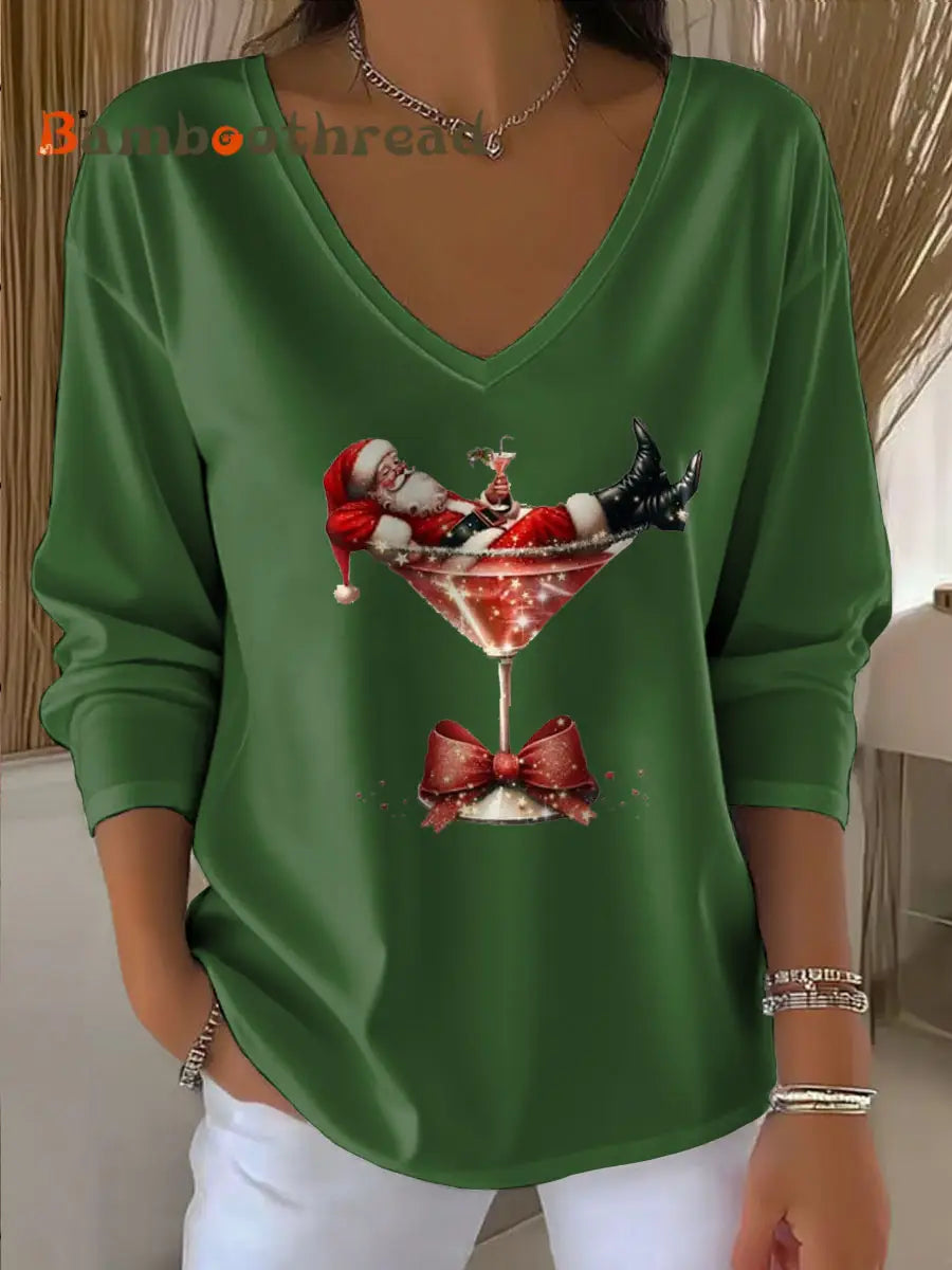 Women’s Santa Claus Printed V-Neck T-Shirt Green / S