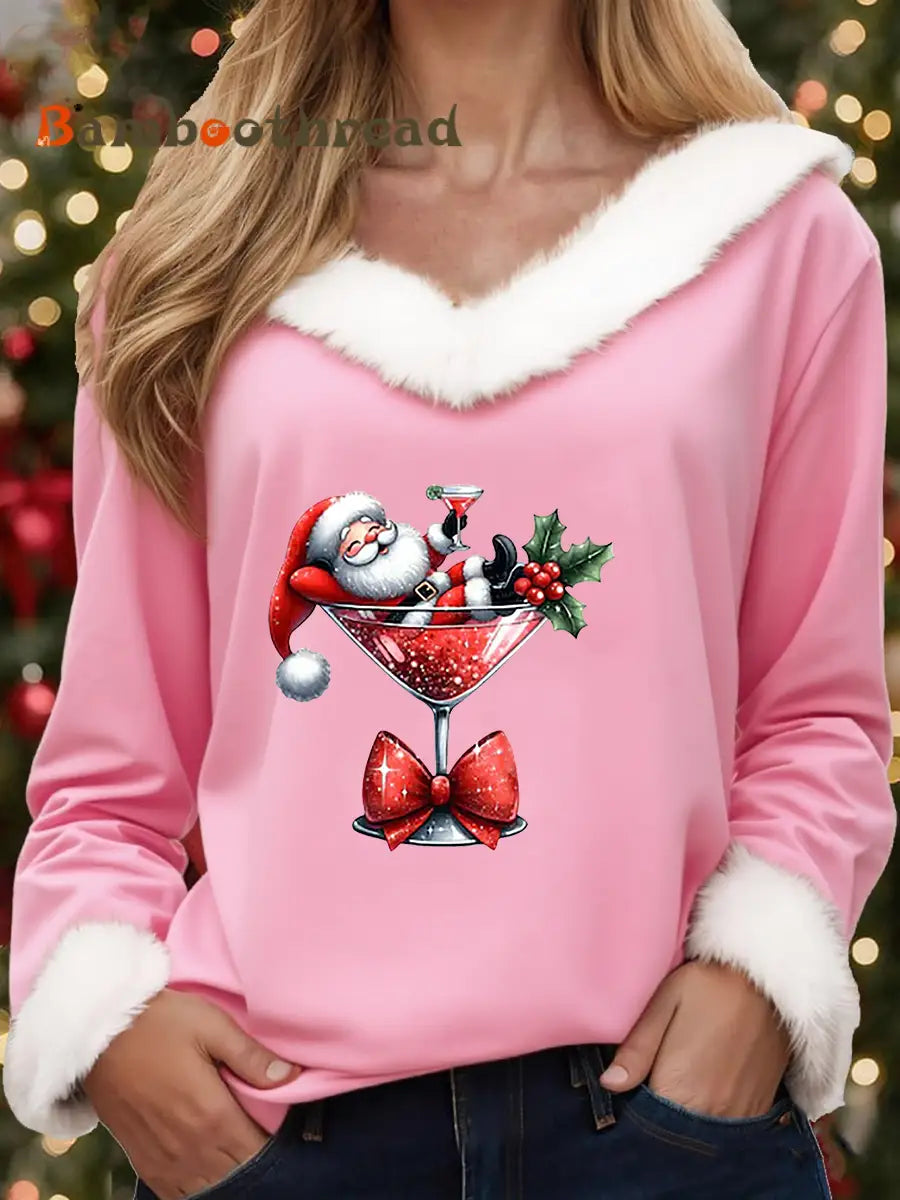 Women’s Santa Claus sitting on a wine glass Printed Tops Pink / S