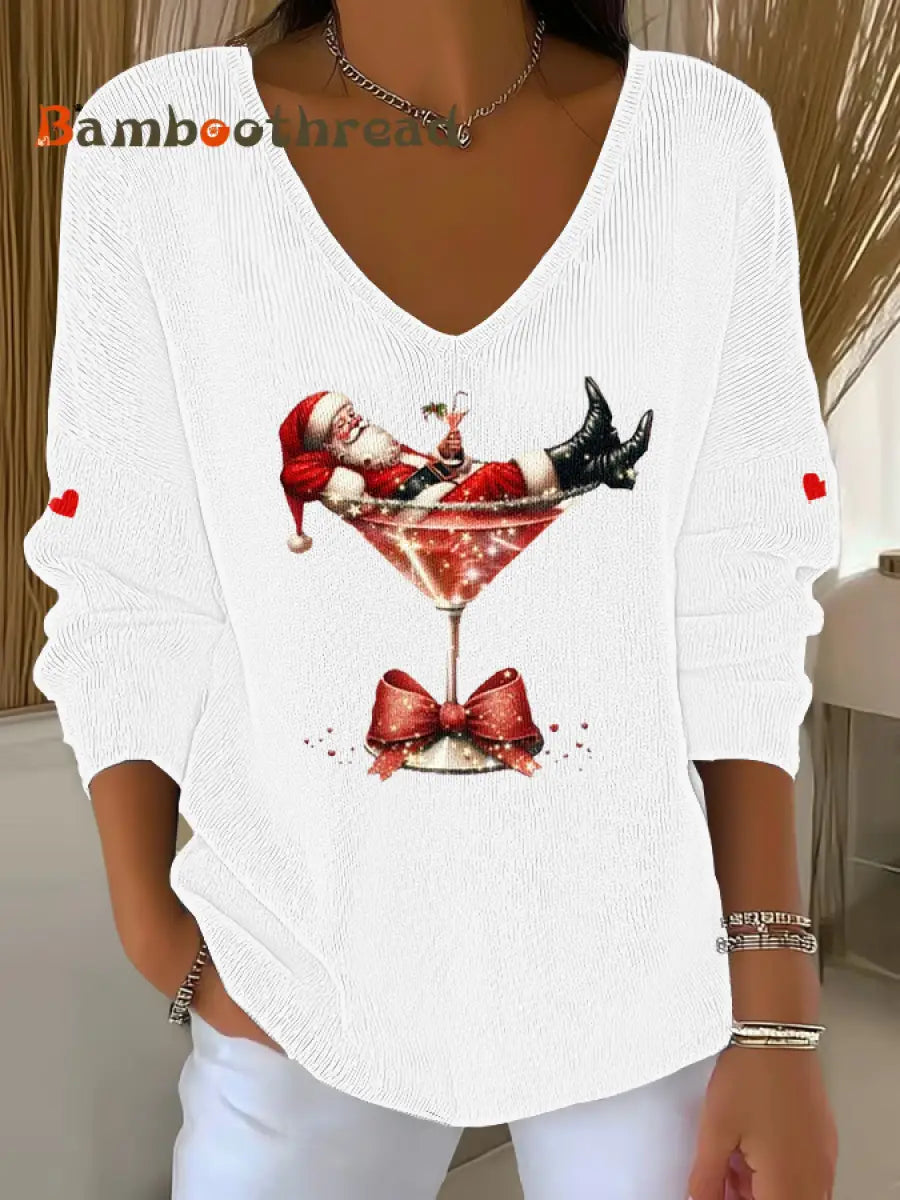 Women’s Santa Claus sitting on a wine glass V-Neck Ribbed Top White / S