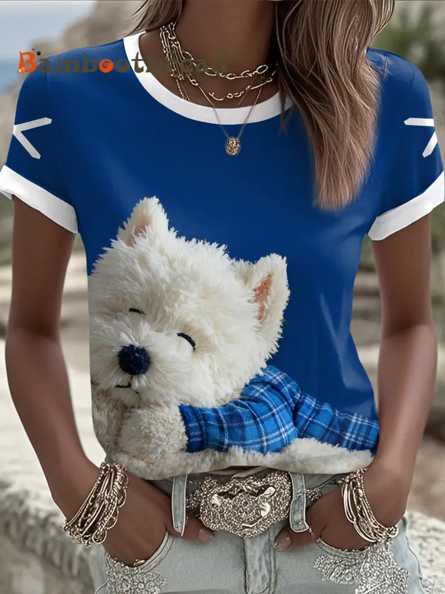 Women’s Scotland Scottie Dog Football Tartan Lover Printed T-shirt Blue / S