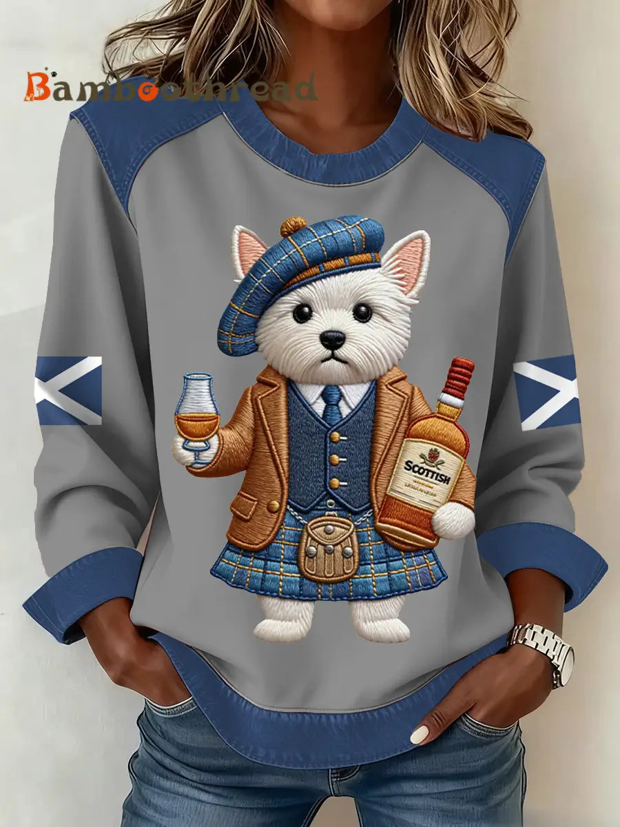Women’s Scottish Flag West Highland White Terrier Print Patchwork Top Gray / S