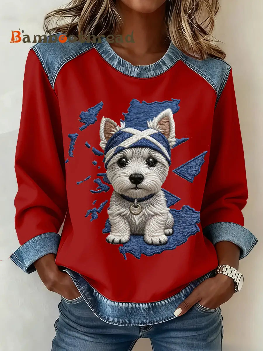 Women’s Scottish West Highland White Terrier Print Denim Patchwork Top Red / S