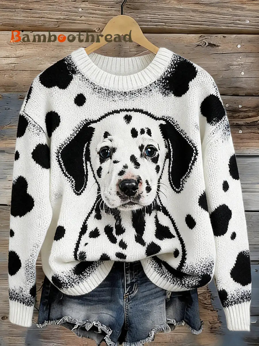 Women’s Spot Dog Pattern Printed Round Neck Sweater White / S