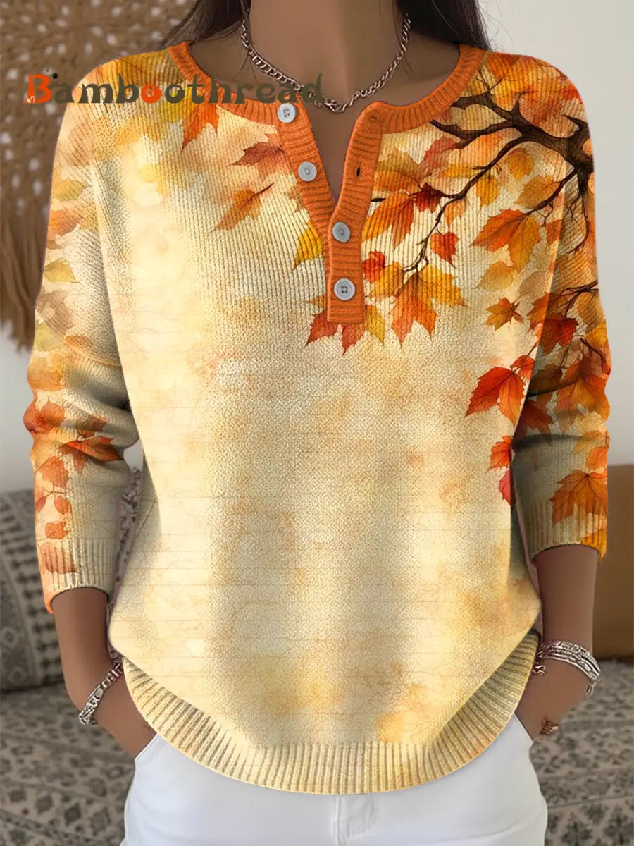 Women’s Thanksgiving Abstract Maple Leaf Texture Art V-Neck Top Multicolour / S