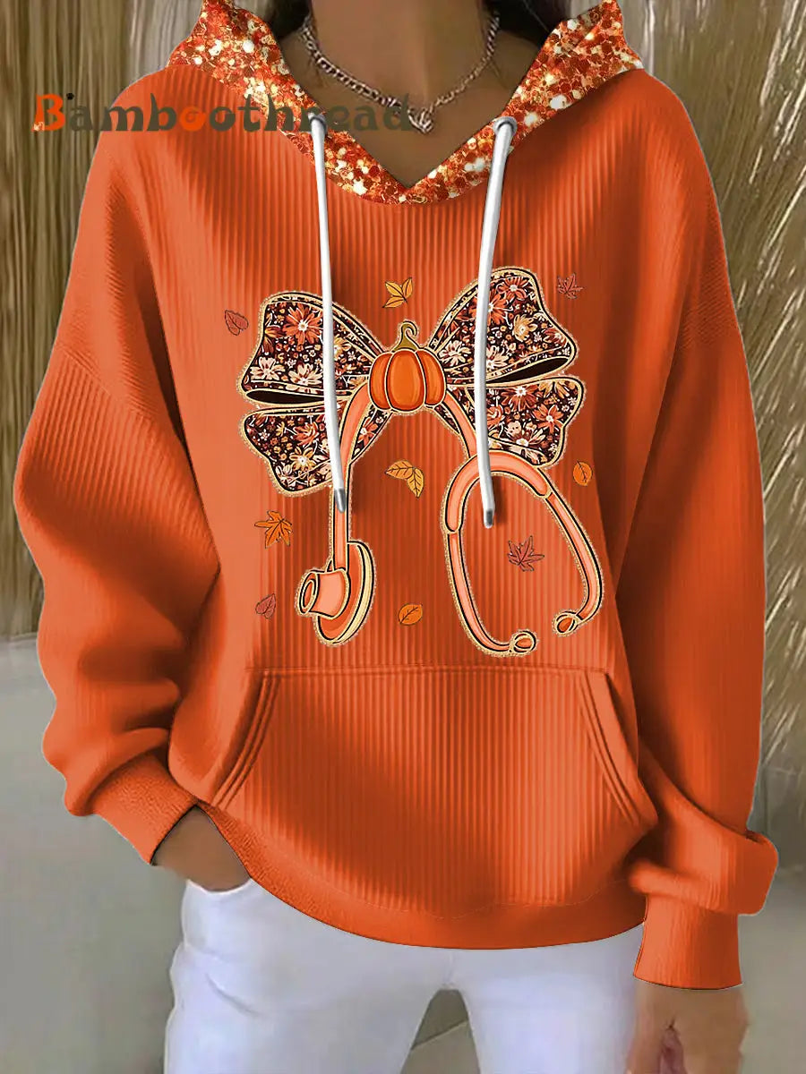 Women’s Thanksgiving Bow Sequined Casual Hoodie Multicolour / S