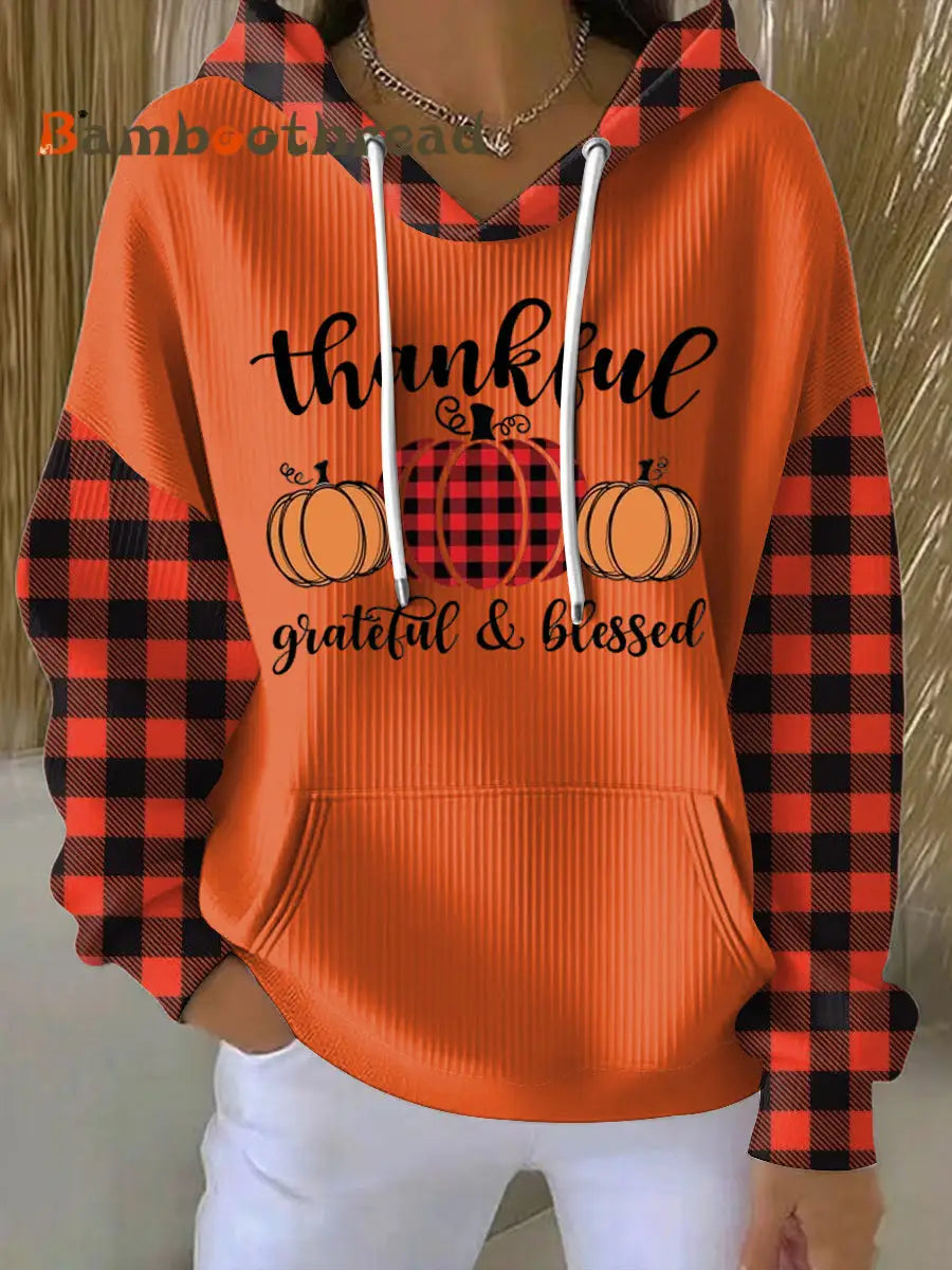 Women’s Thanksgiving Pumpkin Plaid Patchwork Art Casual Hoodie Multicolour / S