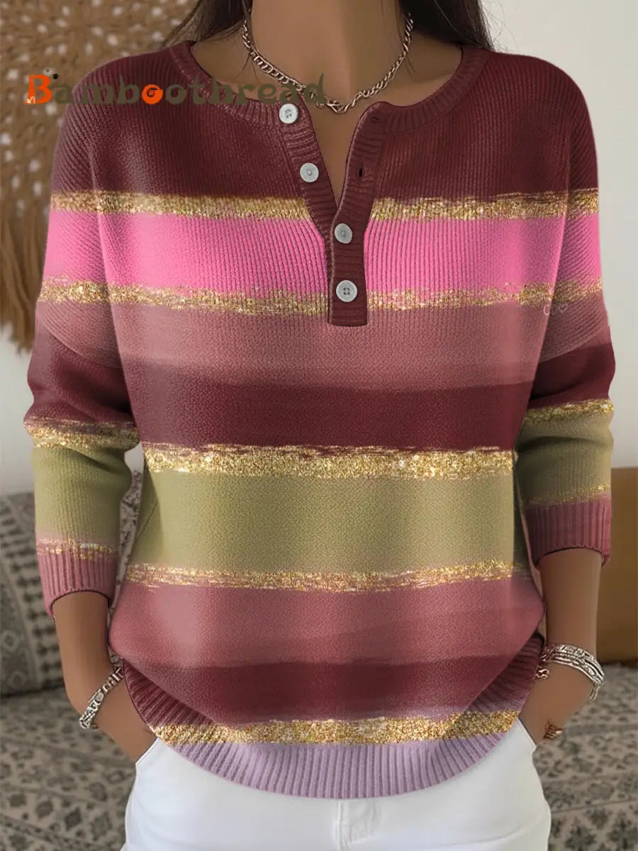 Women’s Thanksgiving Striped Colorful Art V-Neck Top Multicolour / S