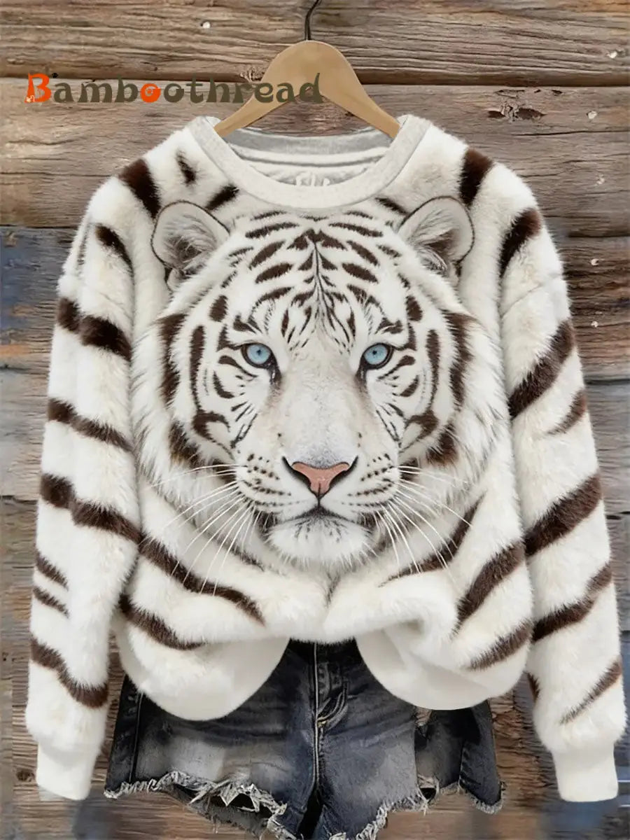 Women’s Tiger Art Print Casual Sweatshirt White / S