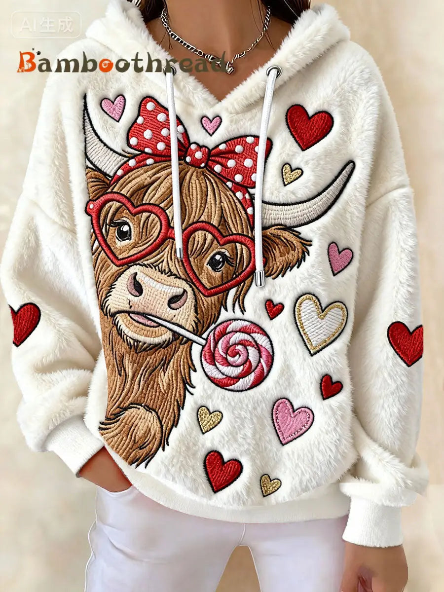 Women’s Valentine’s Day Cow Fleece Hoodies Beige / S