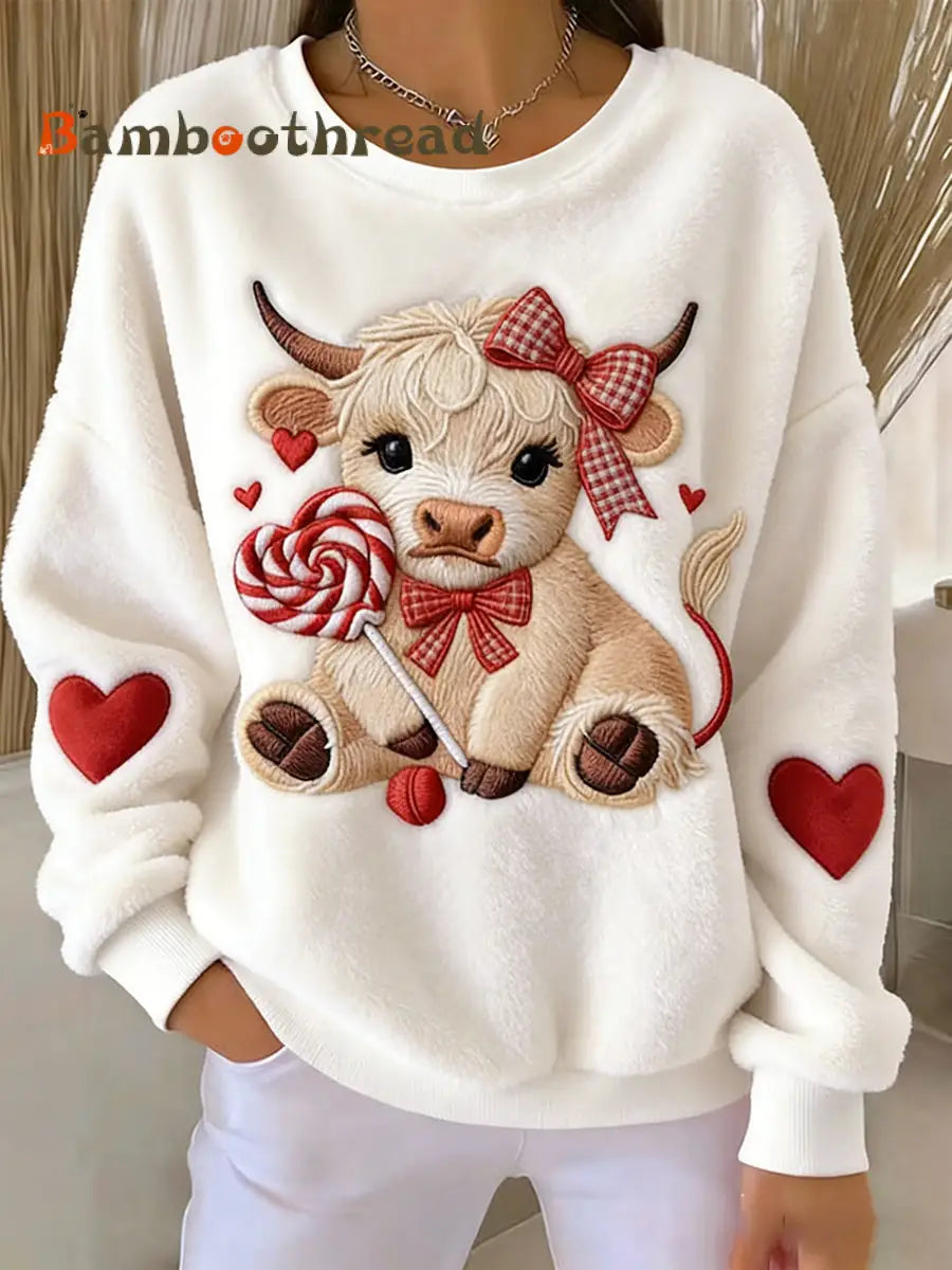 Women’s Valentine’s Day Highland Cow Print Flannel Sweatshirt Creamy-White / S