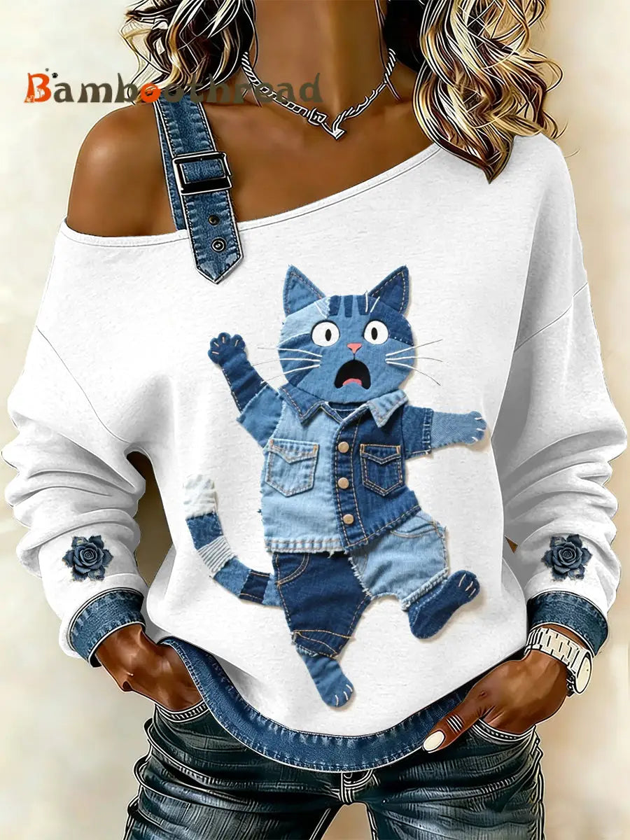 Women’s Vintage Cat Patchwork Print Casual Off-Shoulder Sweatshirt As picture / S