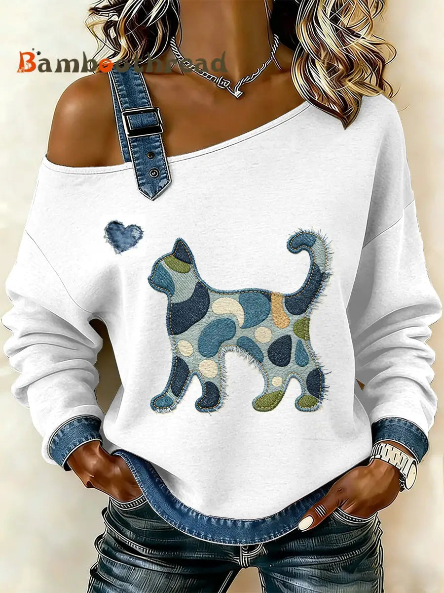 Women’s Vintage Cat Patchwork Print Casual Off-Shoulder Sweatshirt As picture / S