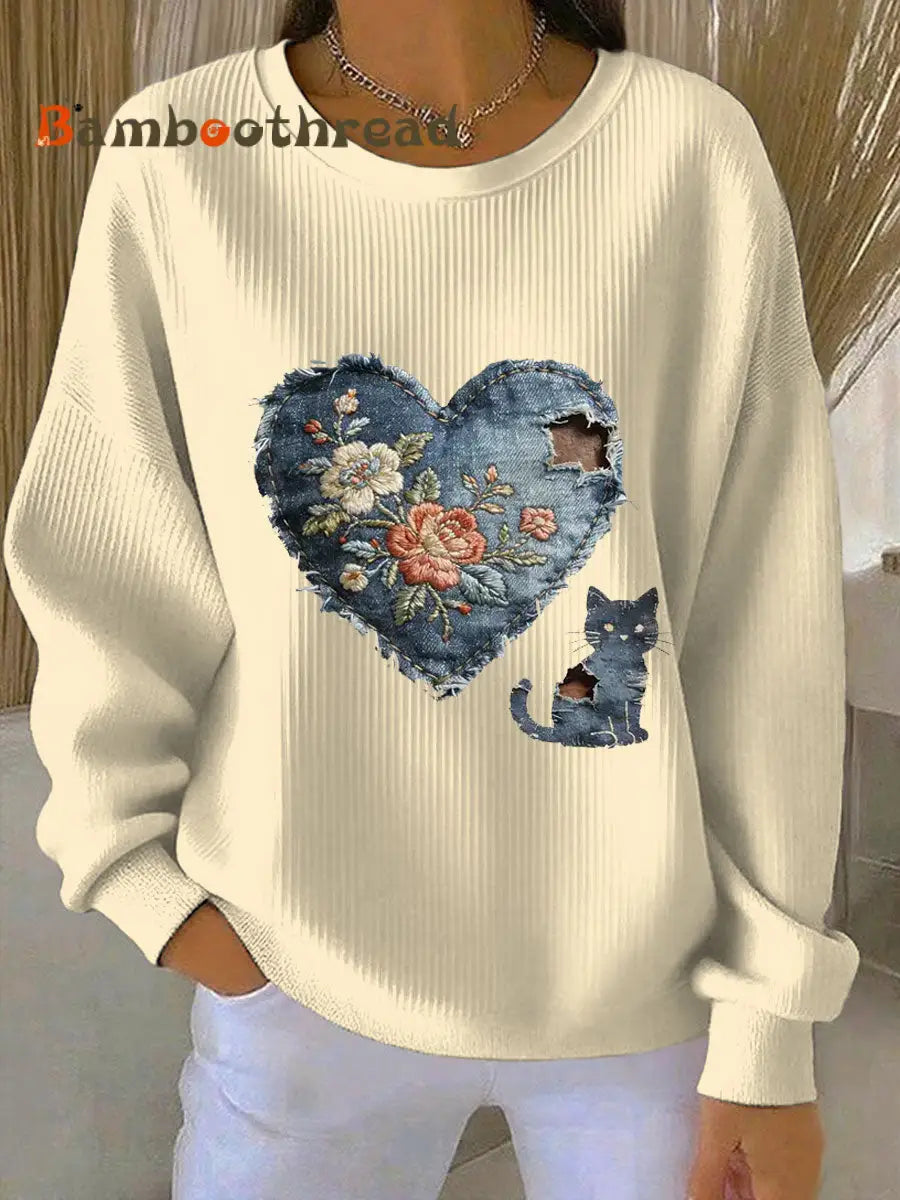 Women’s Vintage Cat Patchwork Print Denim Patchwork Top Beige / S