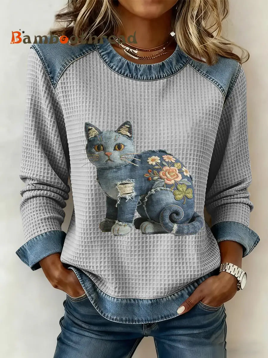 Women’s Vintage Cat Patchwork Print Denim Patchwork Top Gray / S