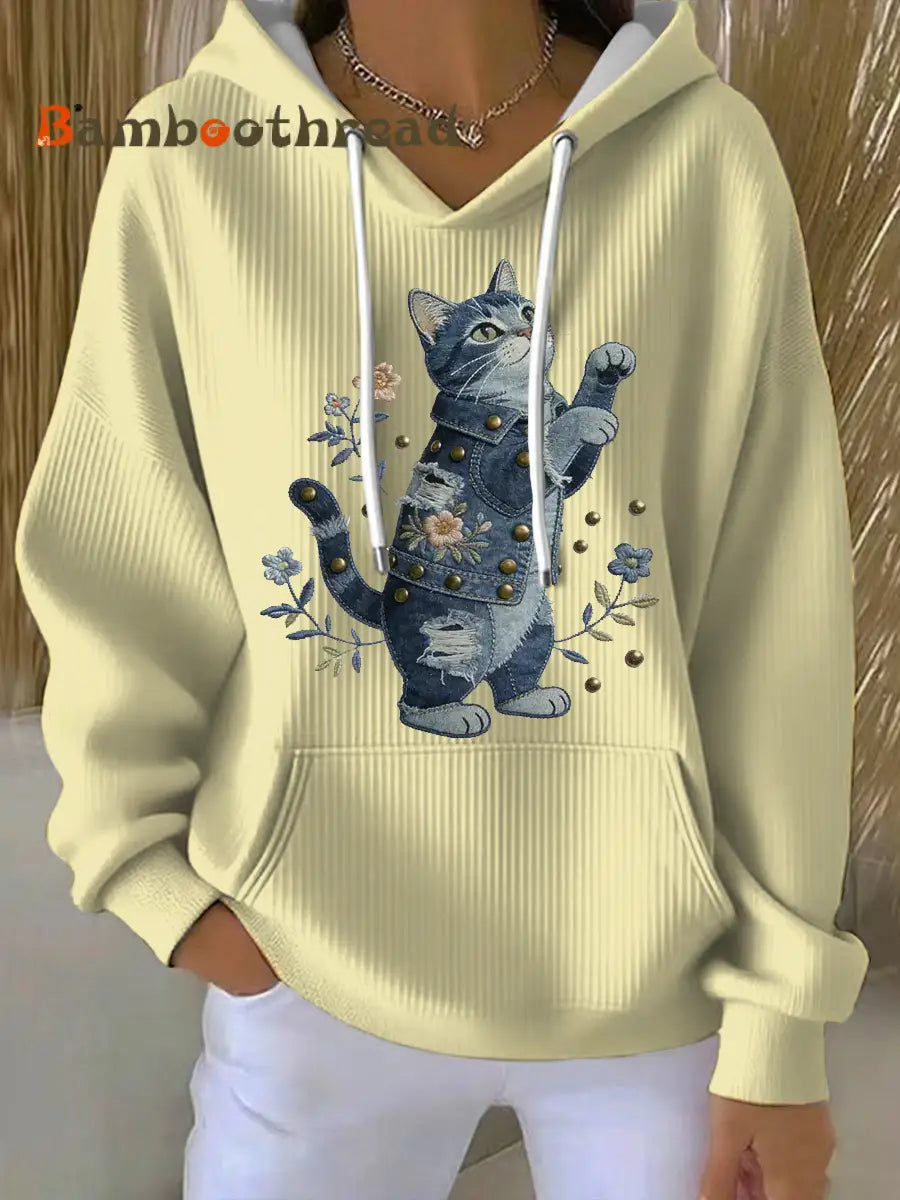 Women’s Vintage Cat Patchwork Print Hoodie Beige / S