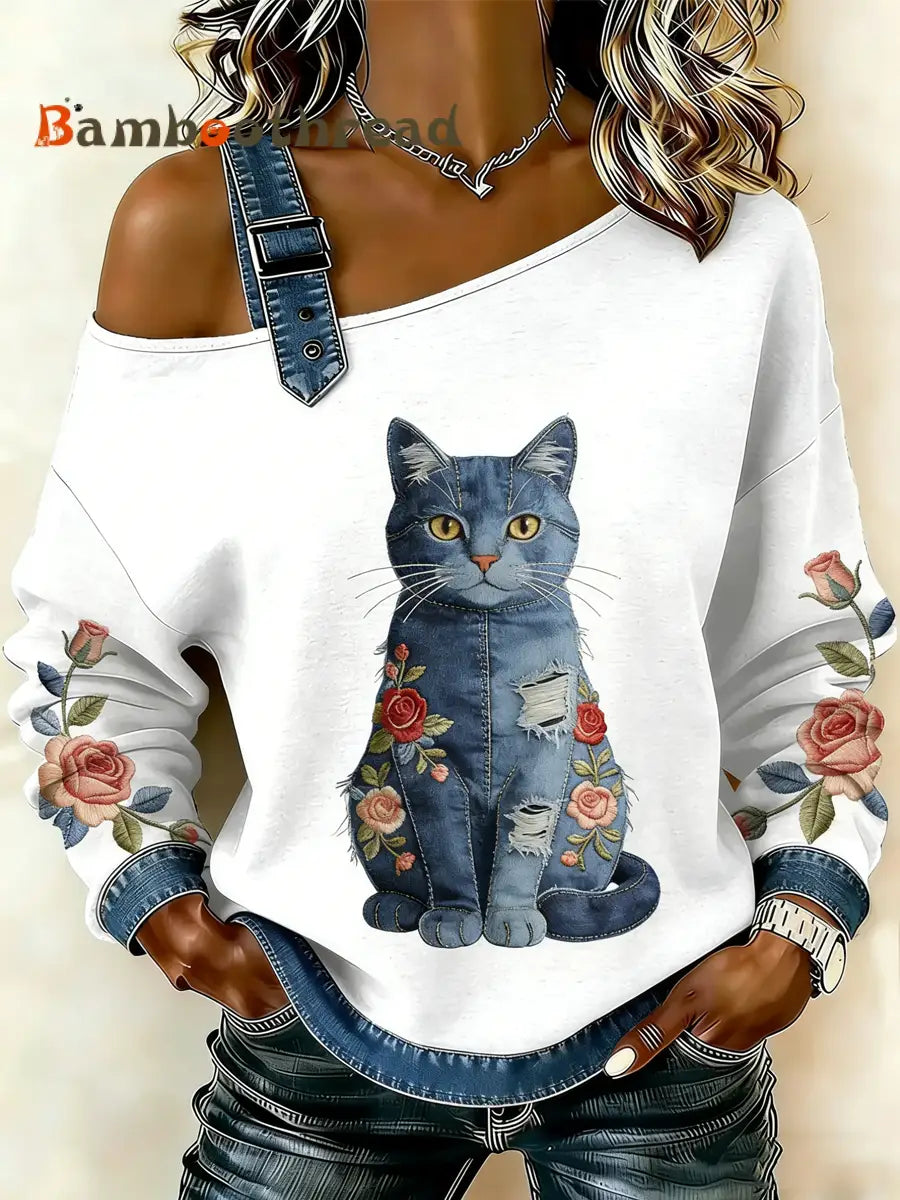 Women’s Vintage Cat Patchwork Print Sweatshirt White / S