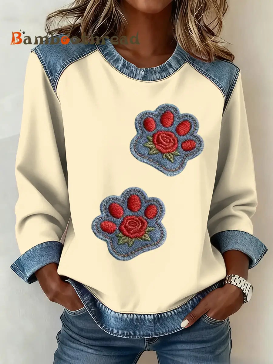 Women’s Vintage Cat Paw Patchwork Print Denim Patchwork Top Beige / S