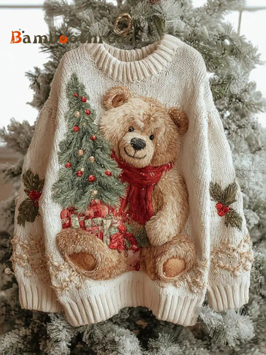 Women’s Vintage Christmas Bear Tree Knitted Sweater As picture / S