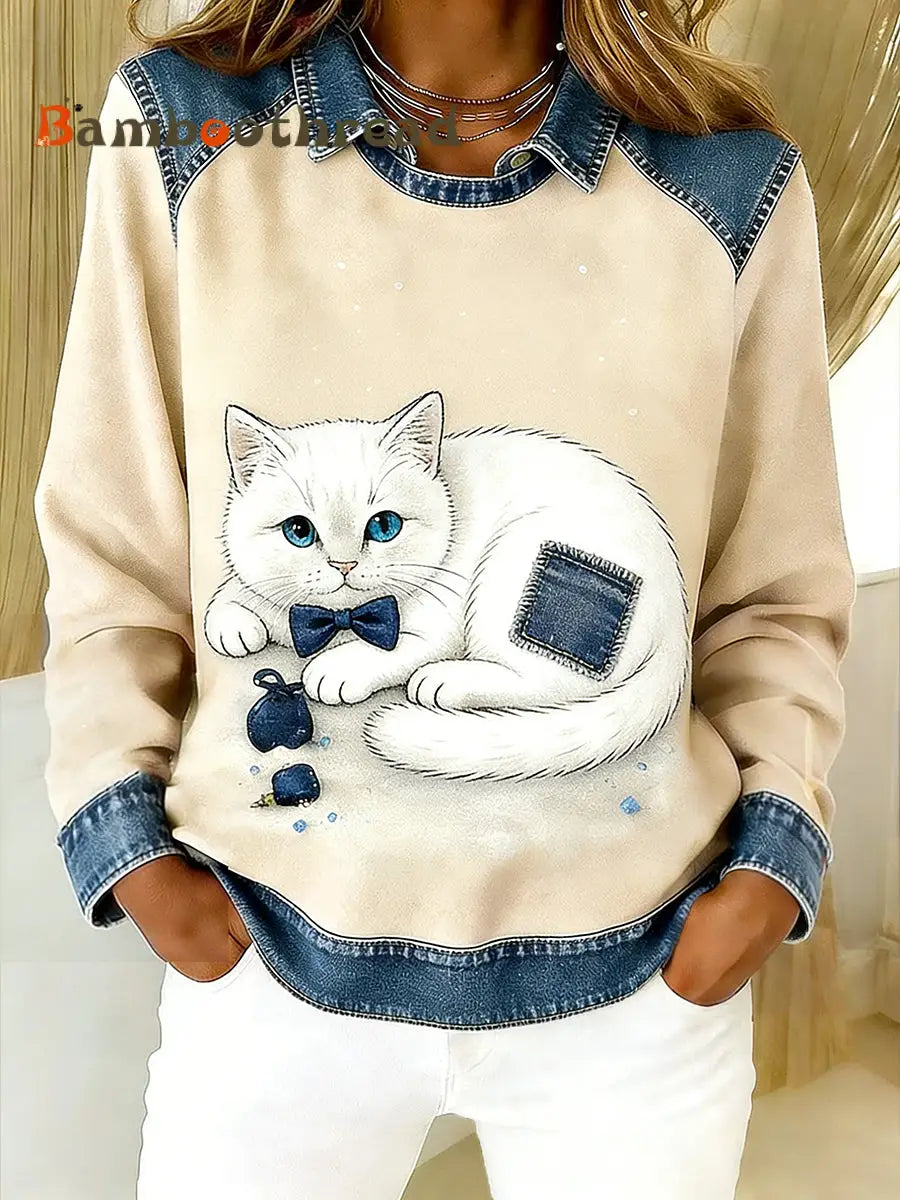 Women’s Vintage Denim Patchwork Top With Animal Art Print Casual And Comfortable A / S