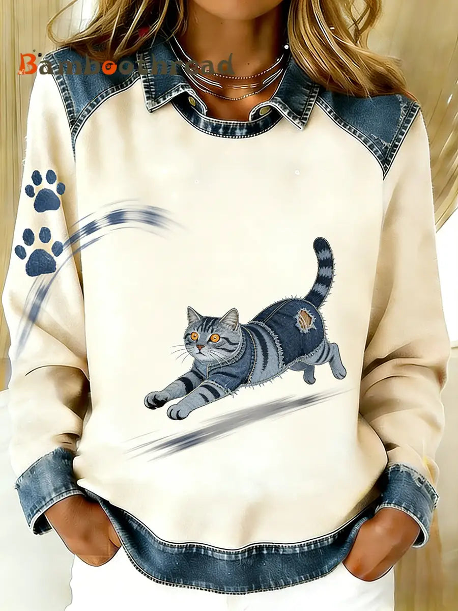 Women’s Vintage Denim Patchwork Top With Animal Art Print Casual And Comfortable A / S