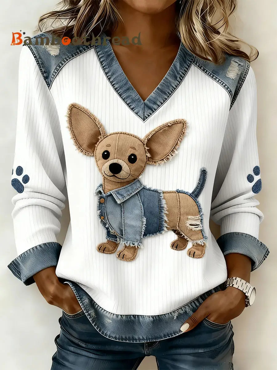 Women’s Vintage Denim Patchwork Top With Animal Art Print Casual And Comfortable A / S