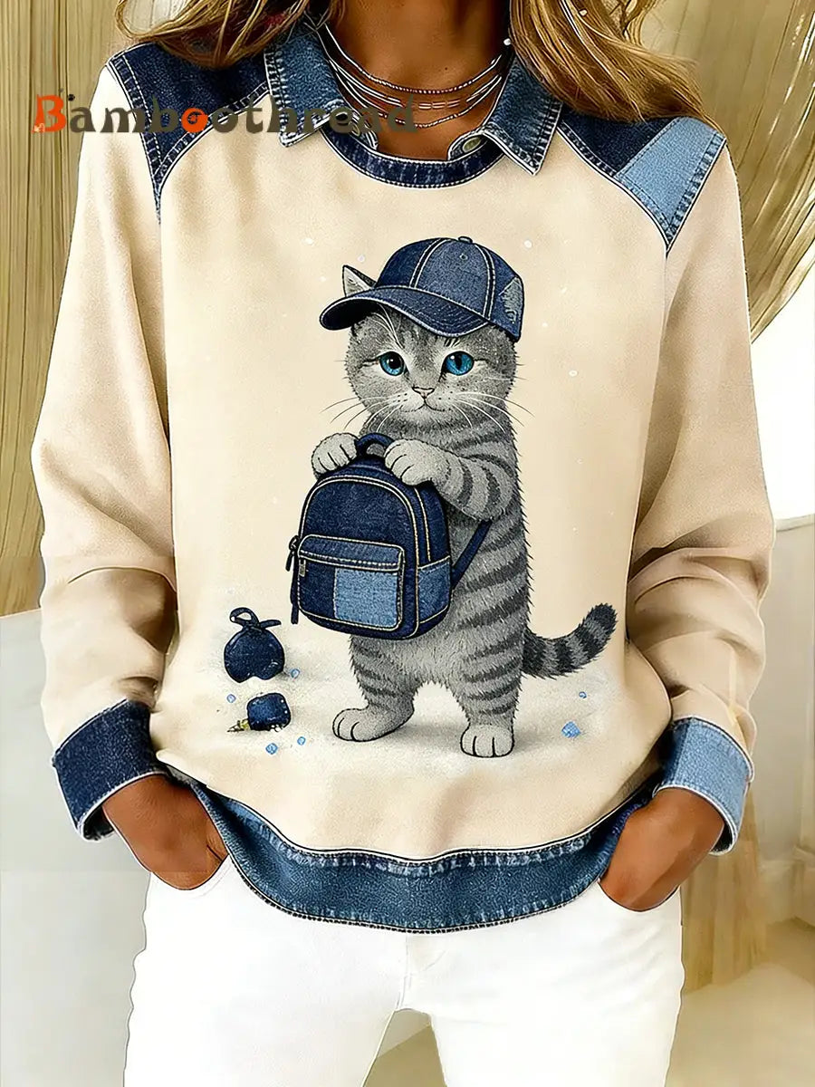 Women’s Vintage Denim Patchwork Top With Animal Art Print Casual And Comfortable A / S