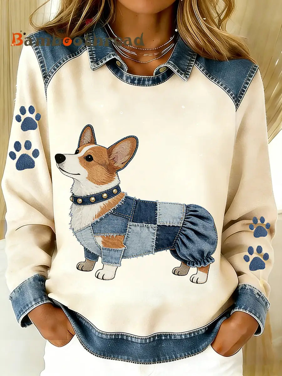 Women’s Vintage Denim Patchwork Top With Animal Art Print Casual And Comfortable A / S