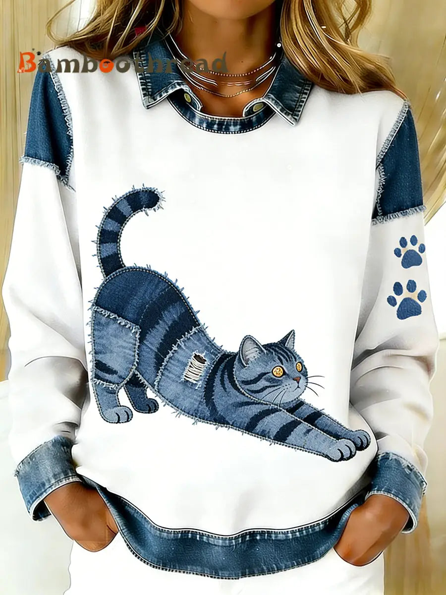 Women’s Vintage Denim Patchwork Top With Animal Art Print Casual And Comfortable A / S