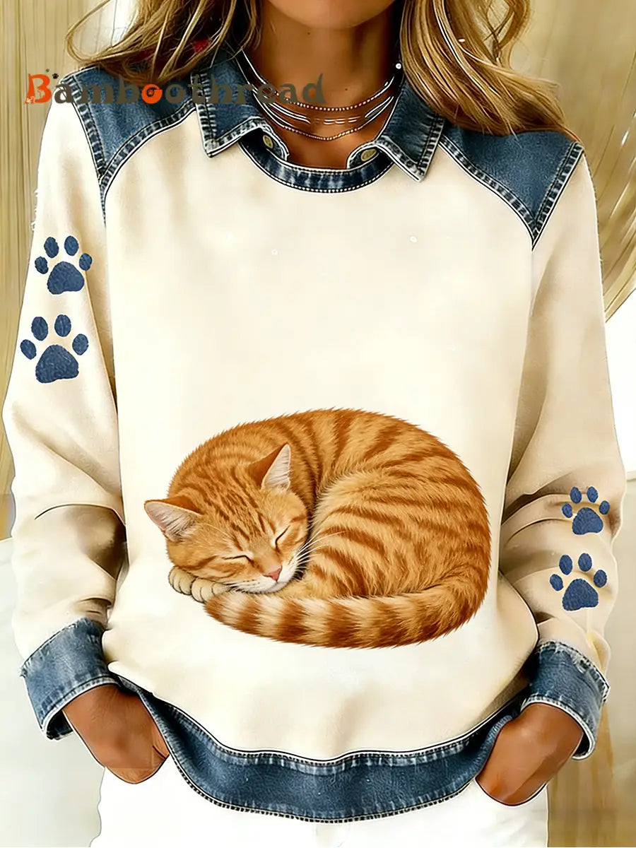 Women’s Vintage Denim Patchwork Top With Animal Art Print Casual And Comfortable A / S