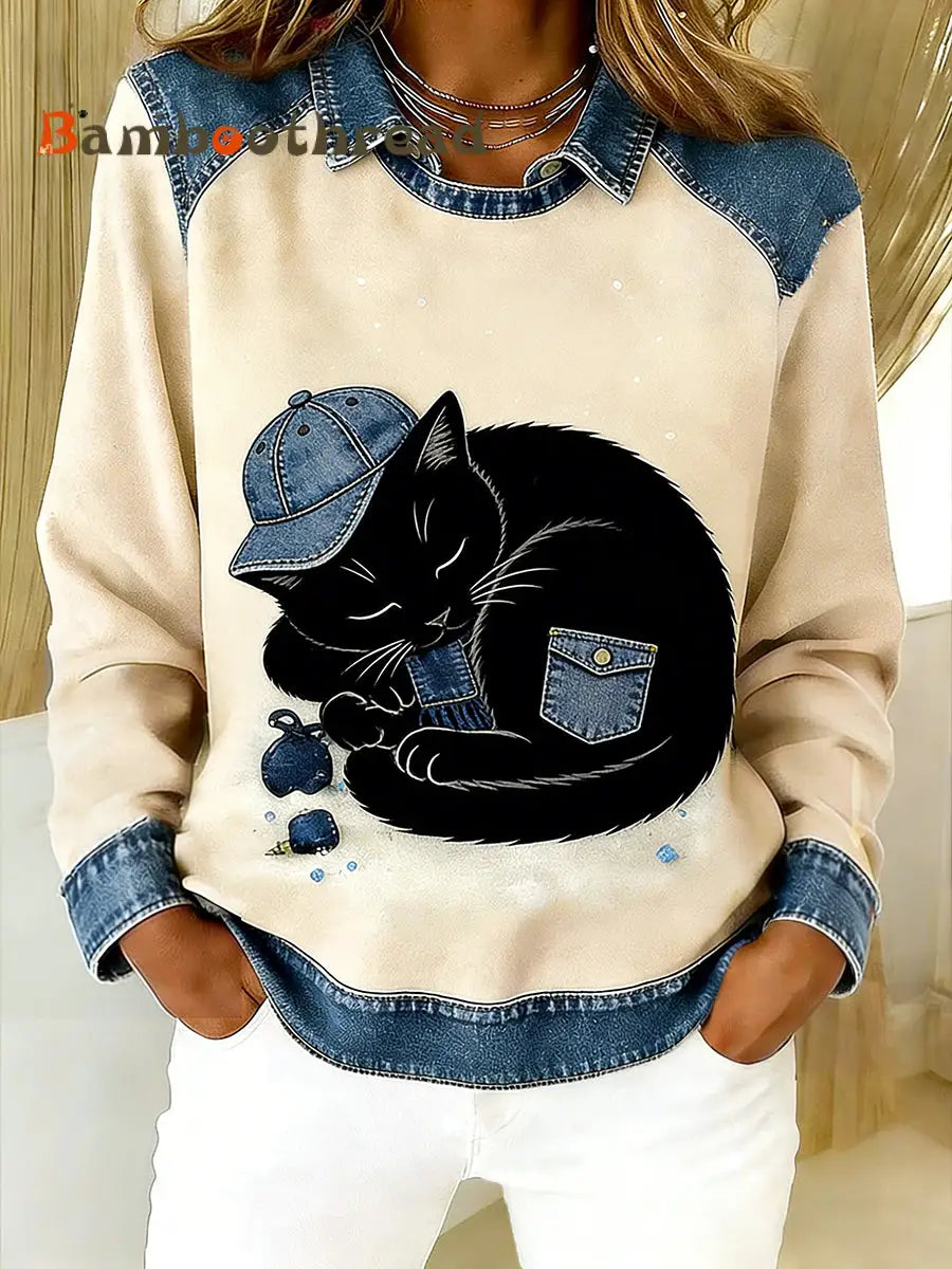 Women’s Vintage Denim Patchwork Top With Animal Art Print Casual And Comfortable A / S