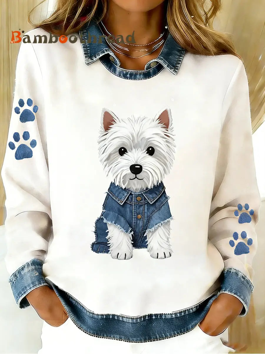 Women’s Vintage Denim Patchwork Top With Animal Art Print Casual And Comfortable A / S